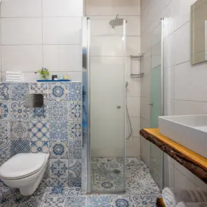 חדר רחצה עם עיטורי אריחים כחולים ומקלחון זכוכית.